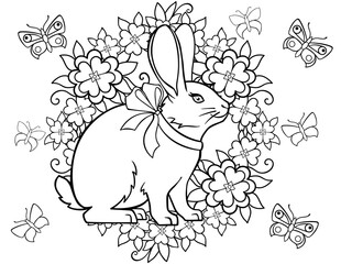 Easter card. Picture for coloring. Easter bunny, wreath, flowers and butterflies. Outline.	