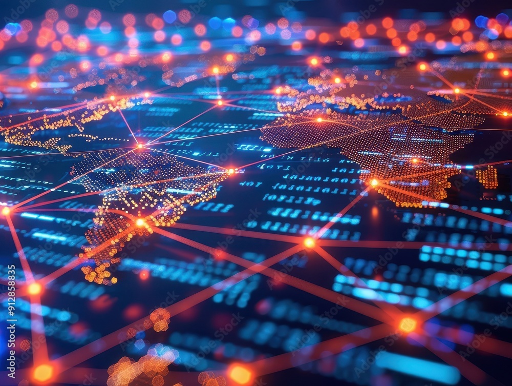 Aufkleber a vibrant digital world map with glowing connections representing global data transmission and techn