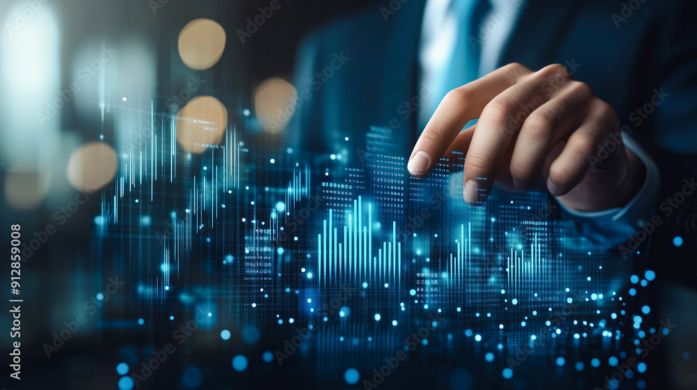 Poster a businessman interacts with a holographic interface displaying data and charts, symbolizing advance