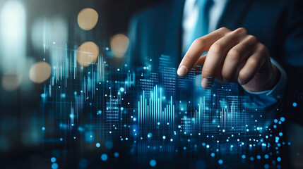 A businessman interacts with a holographic interface displaying data and charts, symbolizing advanced technology, data analysis, and modern business intelligence.