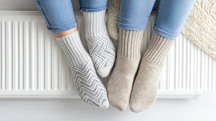 A toddler relaxes on a radiator, wearing light gray knee-high socks, enjoying warmth on a chilly winter afternoon indoors