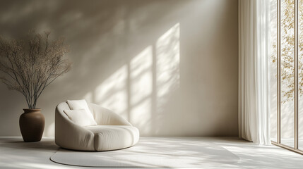 The reading corner's elegant sofa, ottoman, and soft cream-beige textiles, paired with natural light, create an atmosphere of calm luxury and quiet relaxation.
