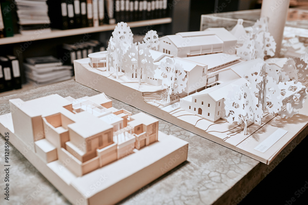 Poster office, room and architecture with model in 3d for building design, infrastructure or urban planning