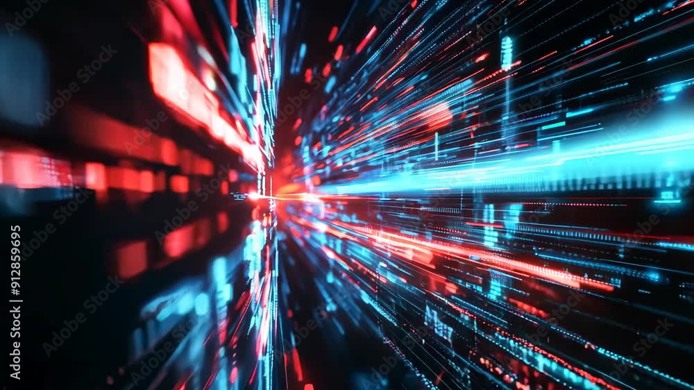 Poster flying through abstract digital data tunnel. future and futuristic technology background. dynamic li