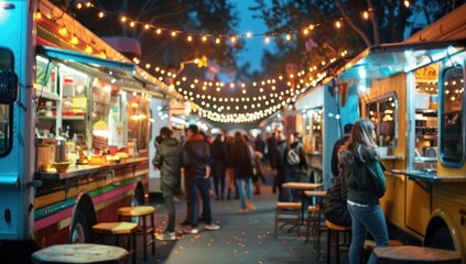 Blurred background of an outdoor food truck festival with string lights and people walking around, creating a festive atmosphere for the event Generative AI