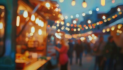 Fototapeta premium A blurred background of an outdoor food truck festival with string lights and people walking around, blurred out Generative AI