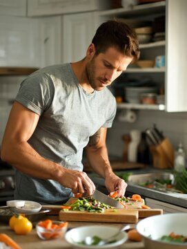 Handsome Young Man Preparing Fresh Salad in Bright Modern Kitchen 