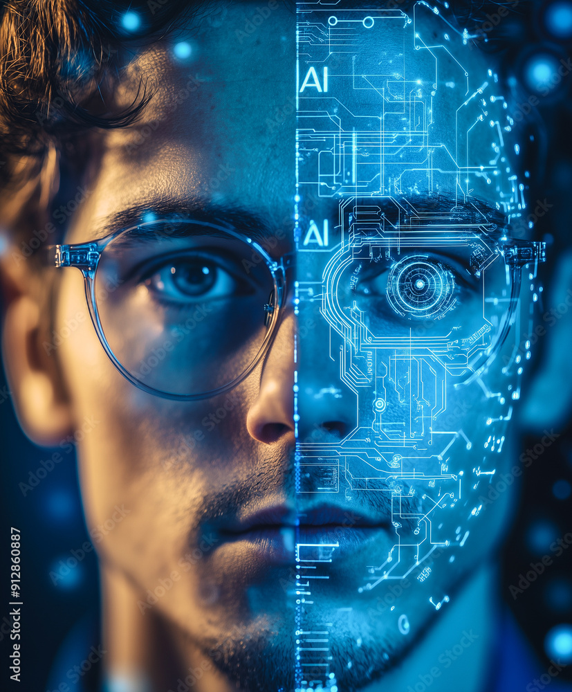 Poster a man's face is juxtaposed with a digital representation of artificial intelligence, symbolizing the