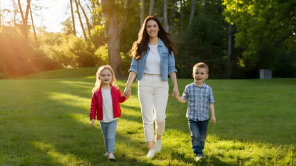 Fototapeta premium Mother and children walking in nature field at sunset. Family parenting, and motherhood concept.