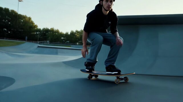 Skateboarder boy rides skateboard in skate park. Teenager learns to ride a skate board wearing protective helmet. Extreme sport with tricks. Guy perform action. Active leisure. Skater teen training.