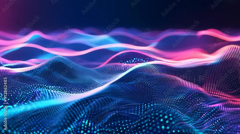 Poster abstract digital waves background. future and futuristic technology. neon particles waveform 3d anim