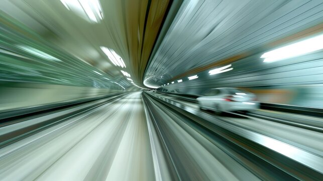 A high-speed journey, car racing down futuristic city roads, motion blur effect.