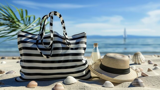 A polka-dotted beach outfit next to a striped bag and a small bottle. Add seashells scattered around.