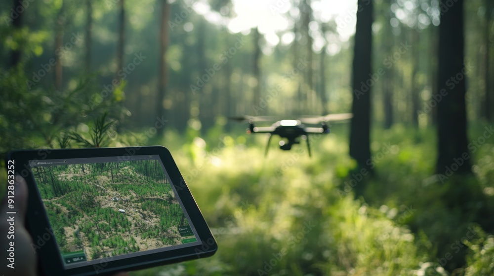 Poster A drone flies over a lush forest while a user operates a control tablet displaying the terrain below.