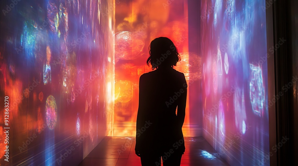 Poster silhouette of a person standing in a room with projected light patterns