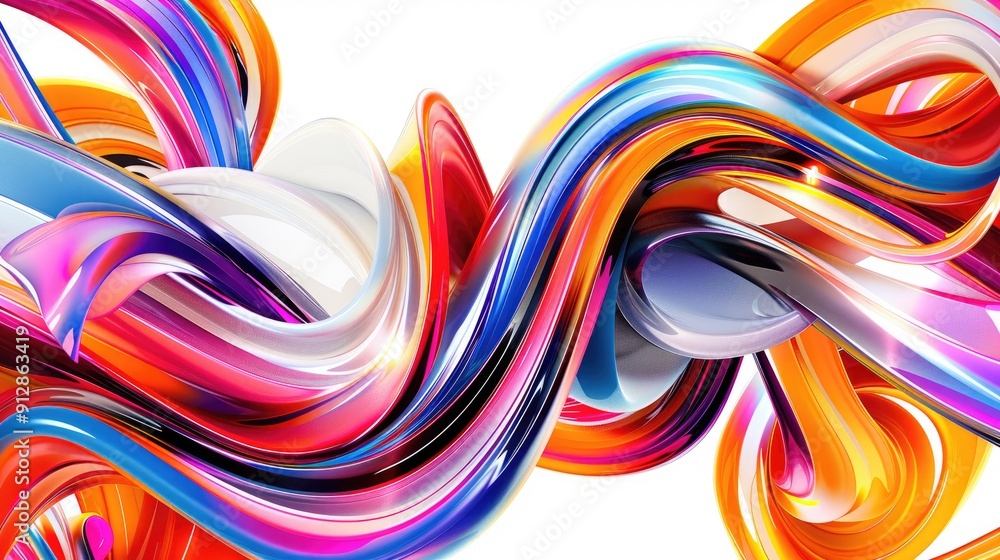 Poster flowing abstract ribbons, dynamic wave-like pattern, additional geometric shapes in the background.