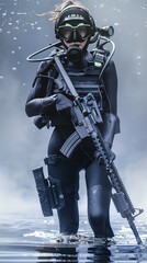 Fototapeta premium Individual in full tactical gear standing in the water