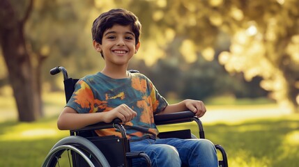 Fototapeta premium Smiling Young Boy in Colorful Shirt Sitting in Wheelchair Outdoors in Sunlit Park Diversity, Inclusion, Happiness
