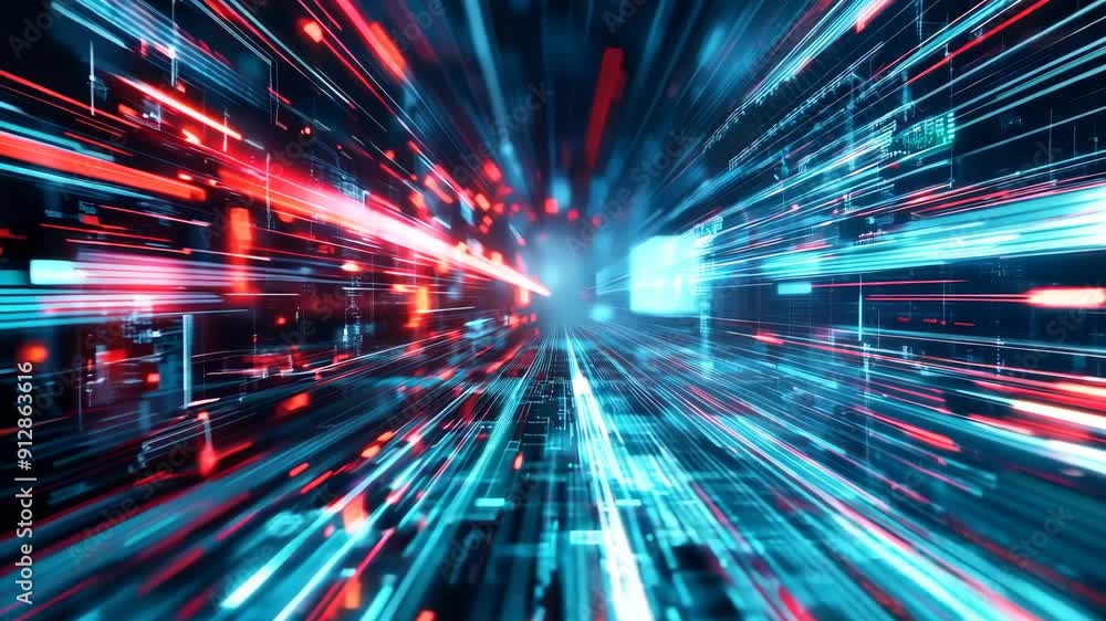 Poster flying through abstract digital data tunnel. future and futuristic technology background. dynamic li