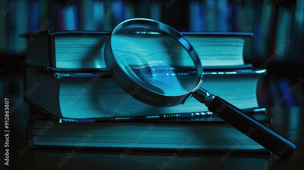 Poster magnifying glass on a stack of books with a shiny surface reflecting light beams.