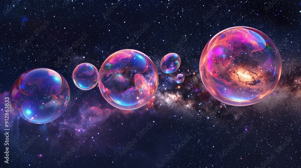Poster floating bubbles of different sizes, filled with tiny stars and set against a galactic background.