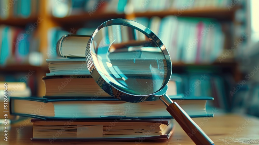 Poster magnifying glass on a stack of books with a shiny surface reflecting light beams.