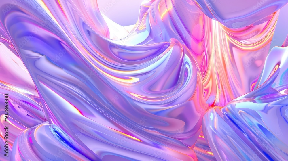 Poster flowing abstract ribbons, dynamic wave-like pattern, additional geometric shapes in the background.