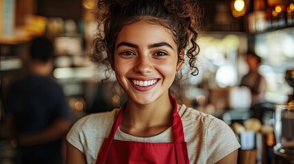 Cheerful young waitress with curly hair, red apron, and a welcoming smile. Blurred coffee shop background showcasing a bustling environment.