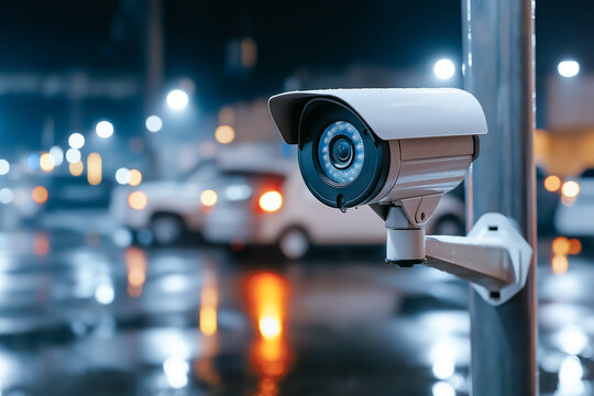 A security camera mounted on a pole, monitoring a wet urban sreet parking lot at night with blurred vehicle lights in the background.