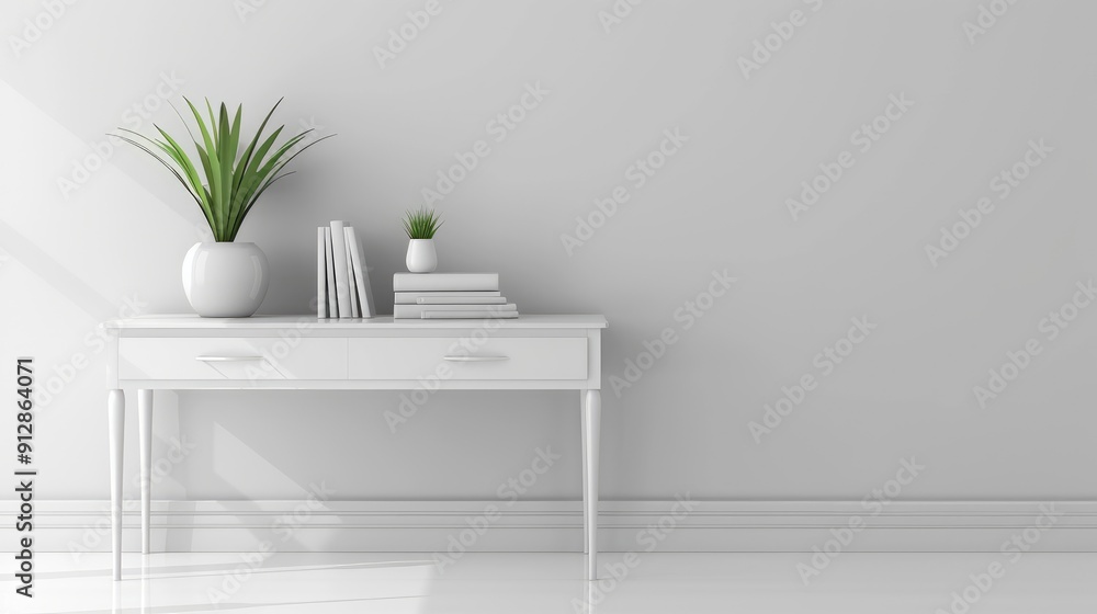 Poster Minimalistic desk with three drawers. Add a stack of books and a small potted plant.