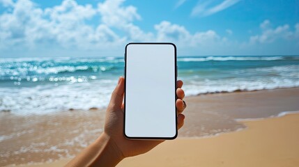 Hand holding a smartphone with a white screen on the beach. Perfect for showcasing apps, messages, or advertisements in a relaxed, coastal environment.