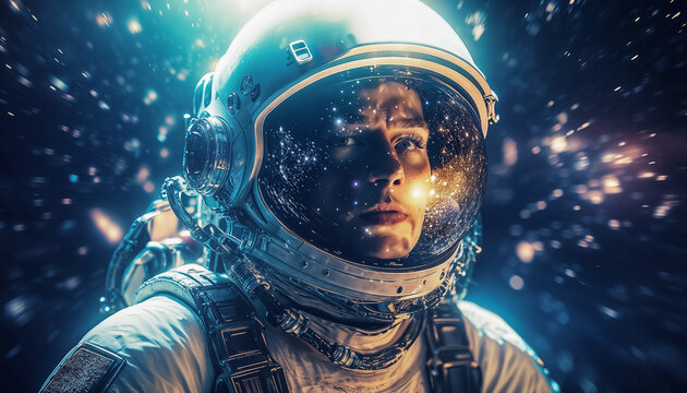Sublime portrait d'un cosmonaute en gros plan qui porte sa combinaison spatiale, semble perdu dans l'espace, reflets de lumi&egrave;re sur sa visi&egrave;re de casque, jolies couleurs vives, image bleut&eacute;e, 
