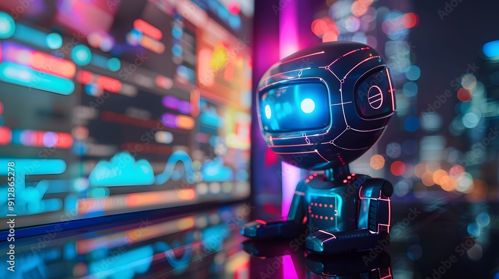 Poster a small, adorable robot with glowing eyes is shown interacting with a vibrant digital interface, ana