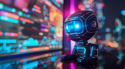 A small, adorable robot with glowing eyes is shown interacting with a vibrant digital interface, analyzing data in a futuristic setting.