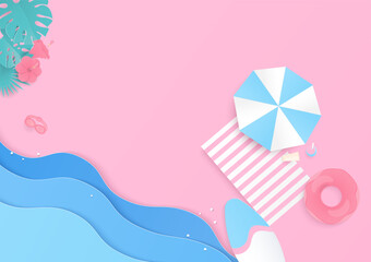 Summer vacation top view with pink background