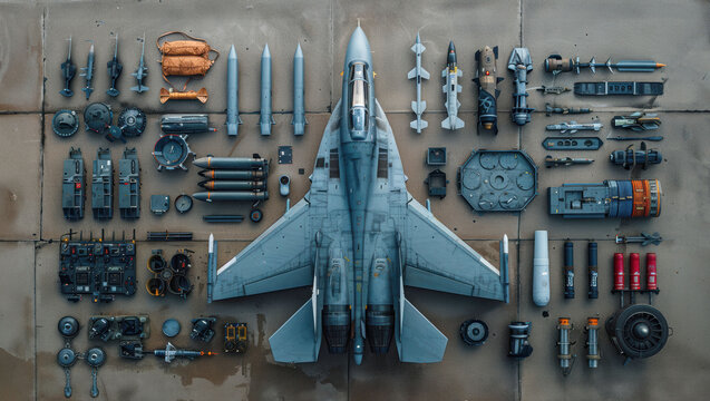 Top view of disassembled fighter jet with components and weaponry laid out systematically on a concrete surface - Powered by Adobe
