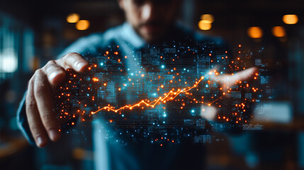 A man interacts with a futuristic digital interface, tracing a glowing data curve with his hand, symbolizing the manipulation of complex analytics in a high-tech environment.


