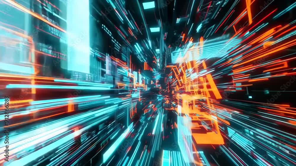 Poster flying through abstract digital data tunnel. future and futuristic technology background. dynamic li