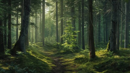 A pathway through a misty green forest with tall trees and moss-covered ground.