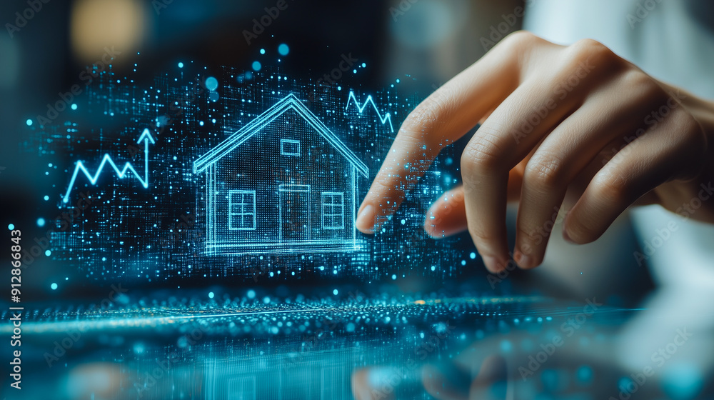 Poster a hand interacts with a futuristic holographic display of a house and dynamic data charts, illustrat