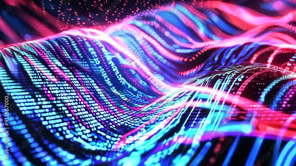 Poster abstract digital waves background. future and futuristic technology. neon particles waveform 3d anim