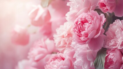 Fototapeta premium Fresh pink peony flowers blooming in a sunny garden during spring with soft bokeh background and copy space.