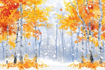 Autumn Leaves Falling In A Snowy Forest