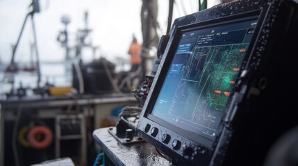 A navigation screen displays data on a research vessel as crew members conduct ocean exploration activities.