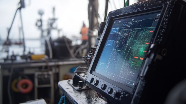 A navigation screen displays data on a research vessel as crew members conduct ocean exploration activities.