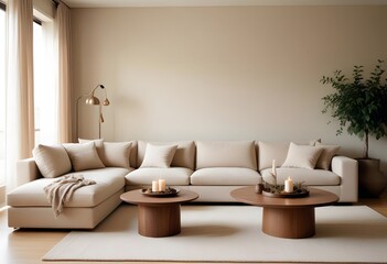 Fototapeta premium Interior A cozy living room with a large beige sectional sofa, a wooden coffee table, and framed artwork on the wall. The room has a warm, neutral color palette and a minimalist