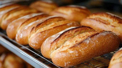 Freshly baked bread loaves on a bakery rack, captured in a close-up to showcase their golden crusts