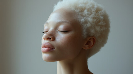 With fair skin and closed eyes, a person with albinism, featuring white hair, stands out against a white background, showcasing their unique appearance.
