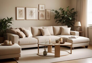 Interior A cozy living room with a large beige sectional sofa, a wooden coffee table, and framed artwork on the wall. The room has a warm, neutral color palette and a minimalist
