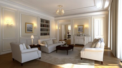 A stylish living room showcases large windows with city views, contemporary furniture, and a cozy ambiance in a modern urban apartment